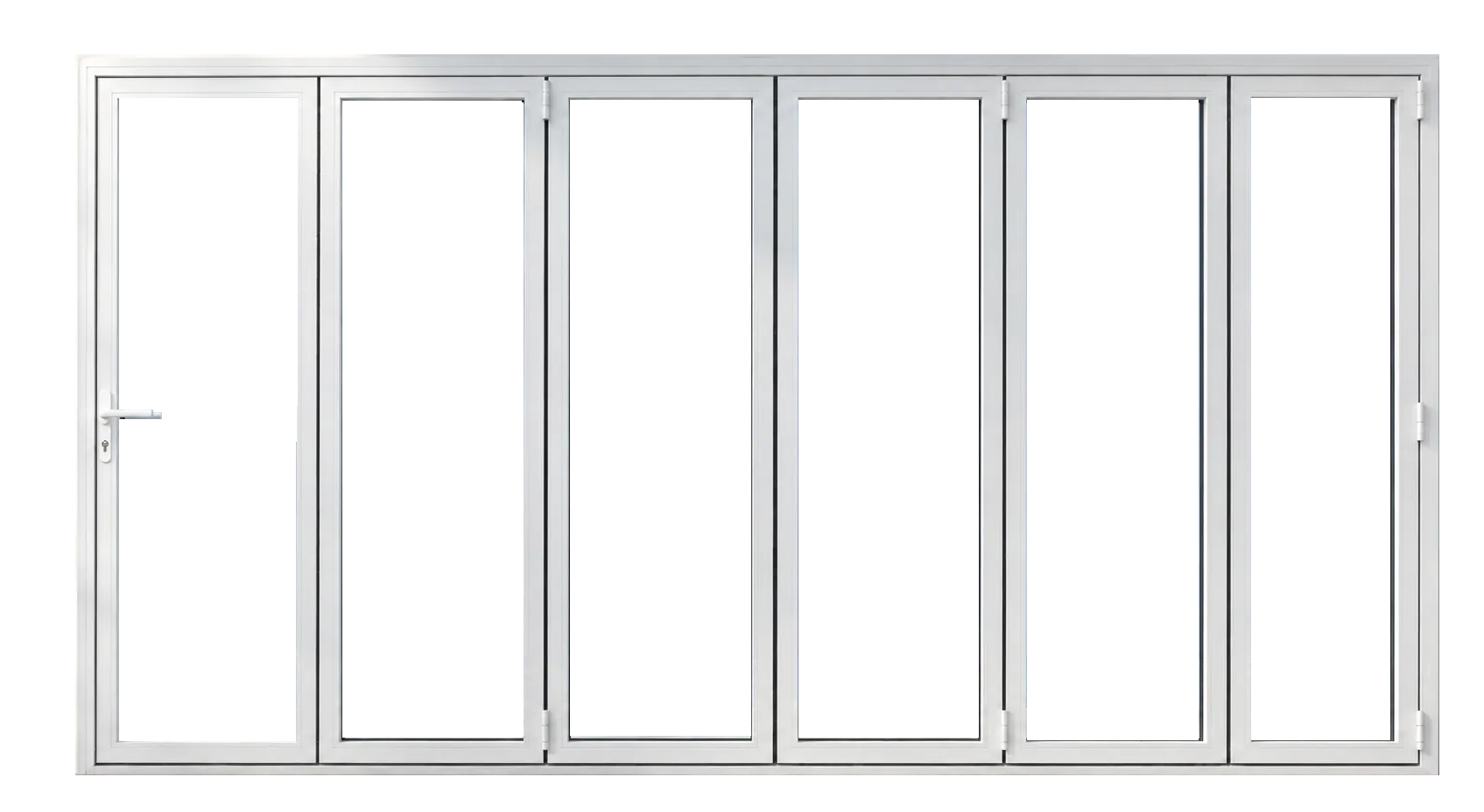 A white, six-panel bifold patio door with clear glass panes set against a solid black background.
