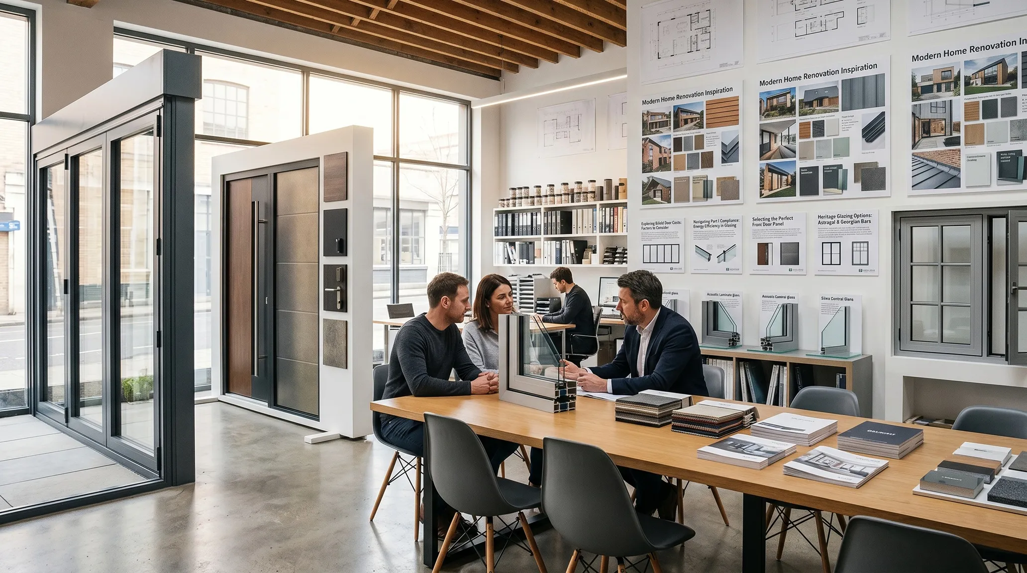 A couple sits at a wooden conference table in a bright, modern architectural showroom, discussing window and door samples with a consultant.
