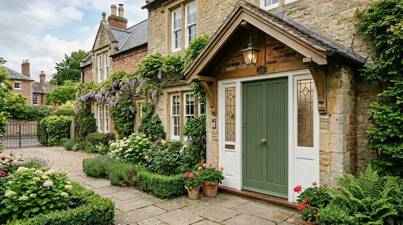 Grooved panel door in Moss Green with glass side lights