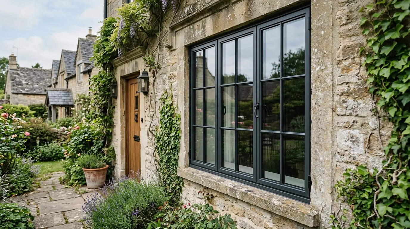 Black aluminium cottage windows with astragal bars on a traditional stone house exterior.