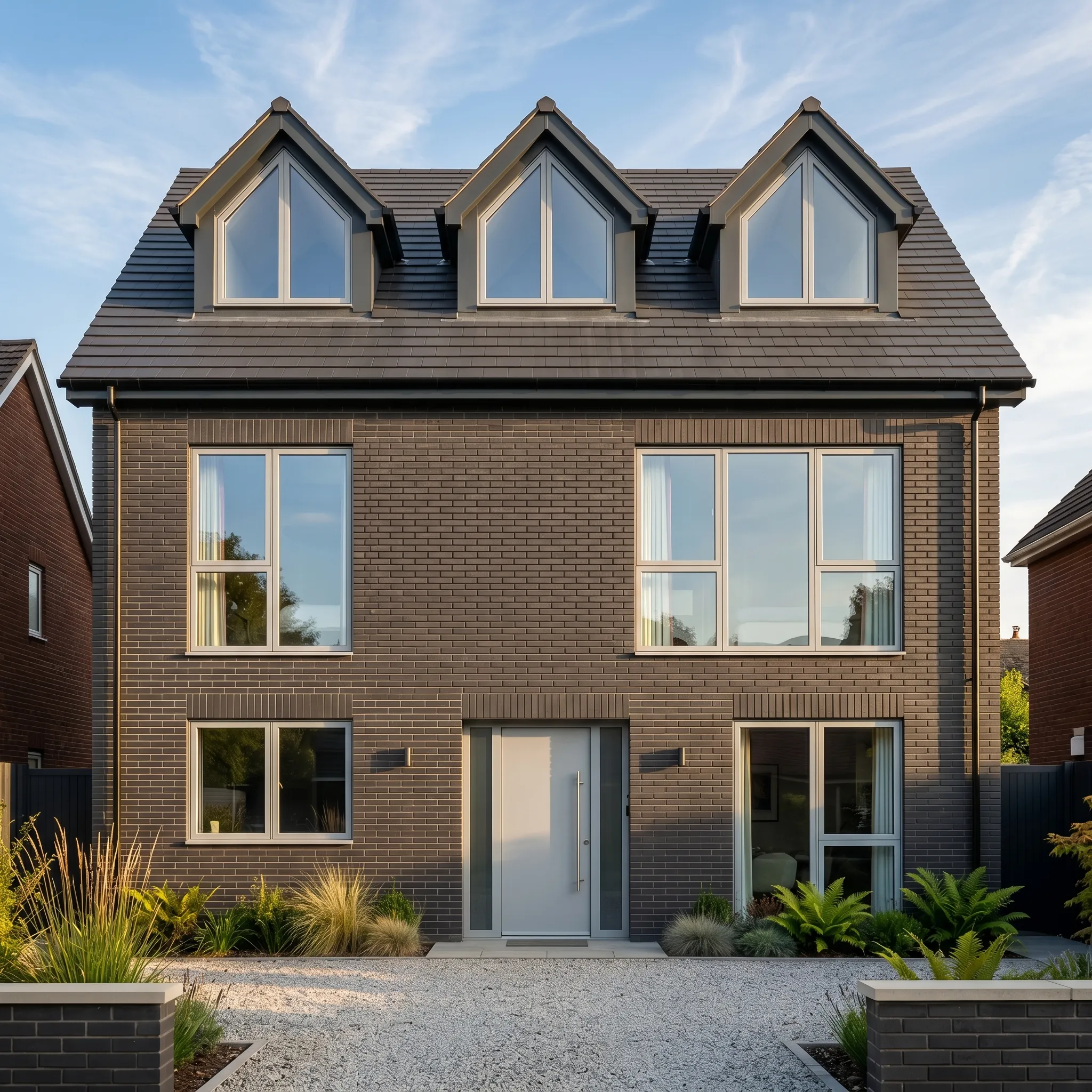 Modern dark brick house featuring light gray casement windows and matching front door.