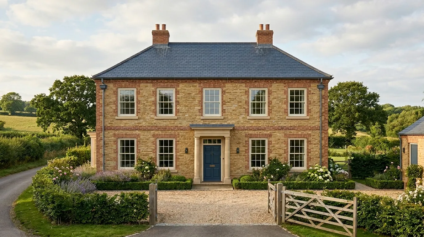 Period farmhouse, Warwickshire — white sash-look heritage windows, blue heritage door