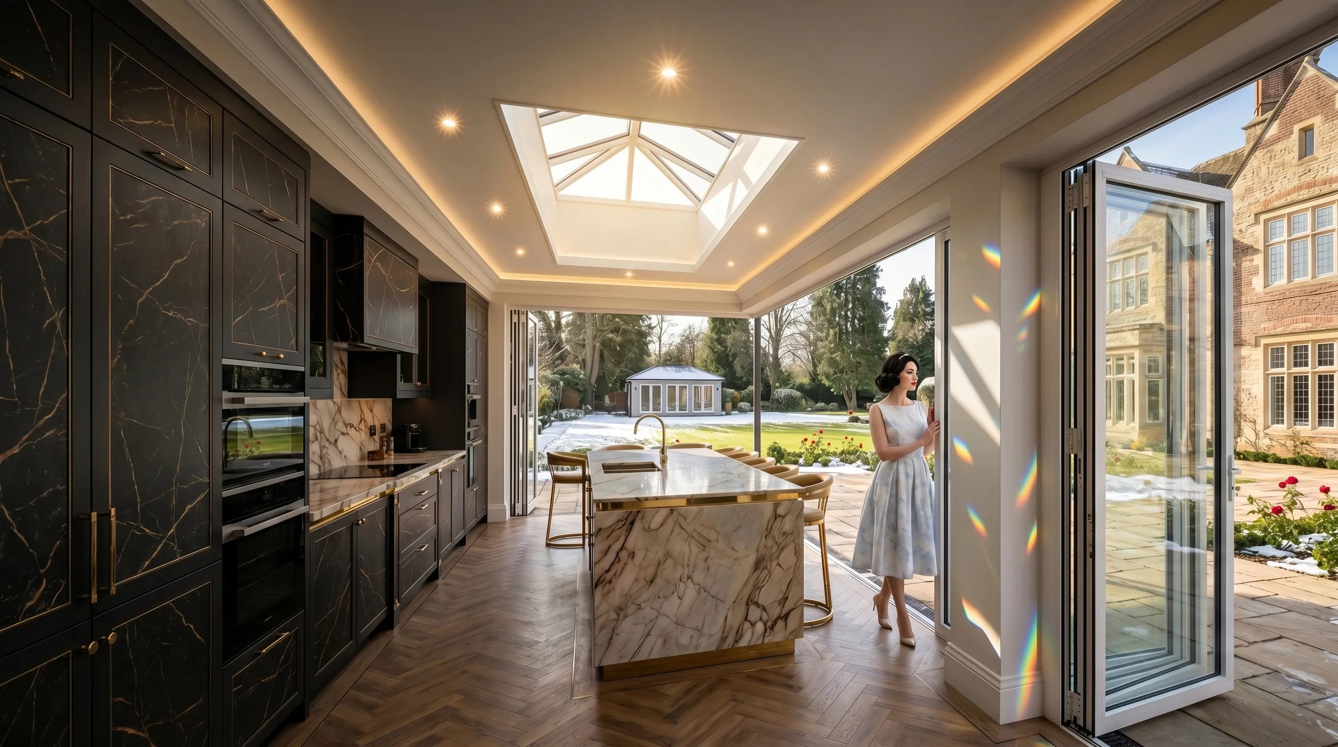 Modern kitchen extension featuring black cabinets, marble island, roof lantern, and bifold doors opening to a garden.
