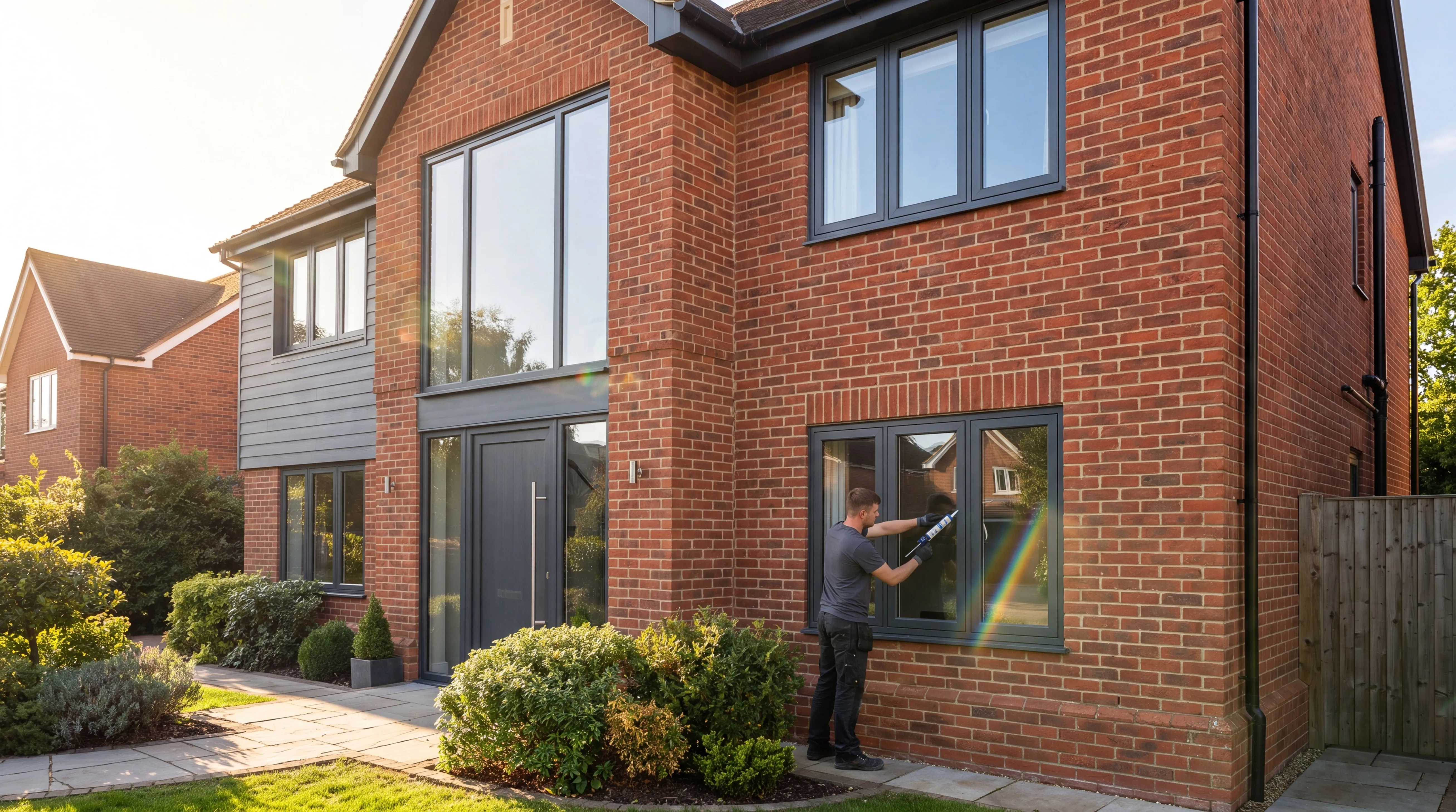 Five uPVC frame samples side by side: white, anthracite grey, black, light oak and mahogany woodgrain.
