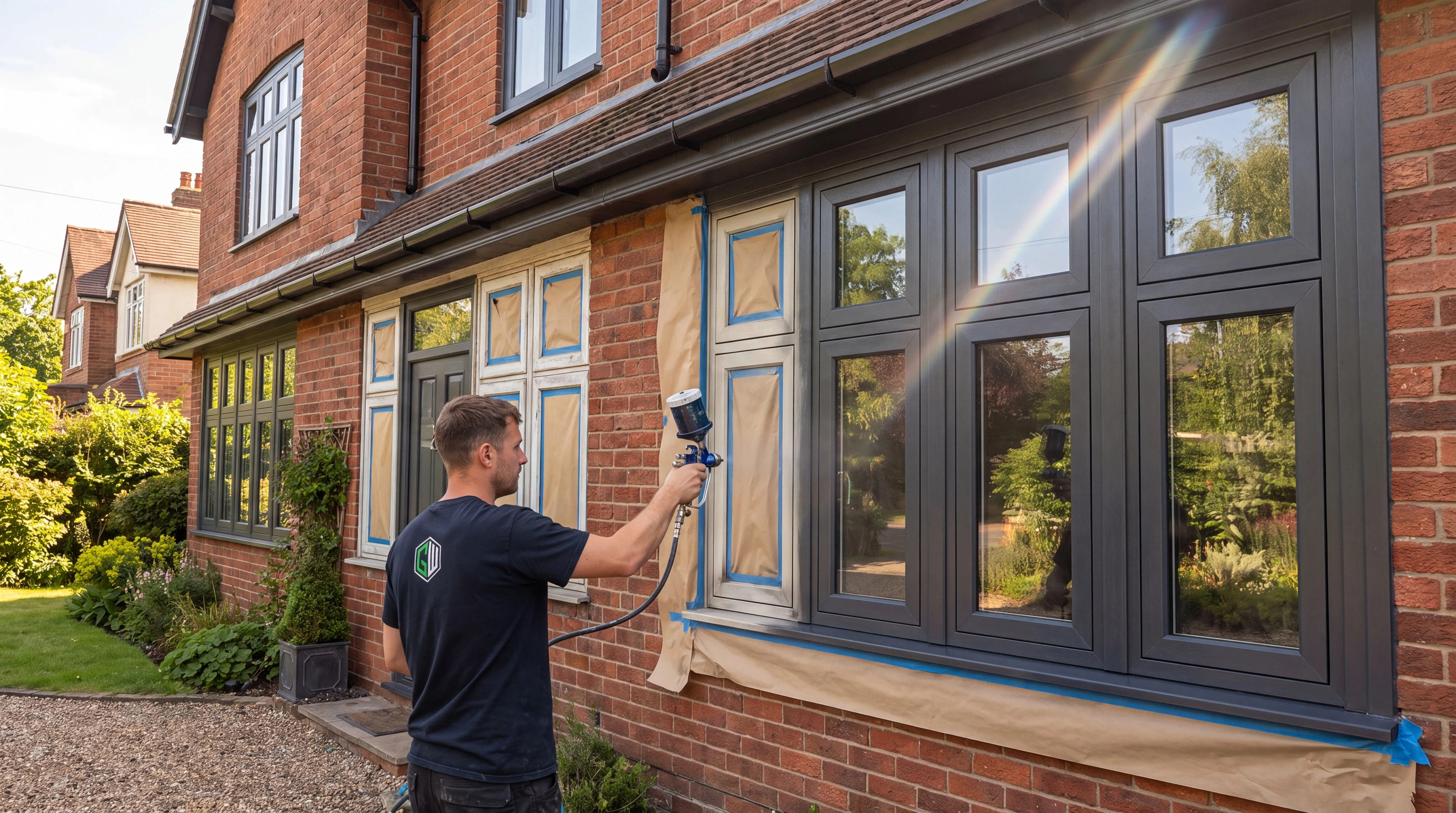 Five uPVC frame samples side by side: white, anthracite grey, black, light oak and mahogany woodgrain.