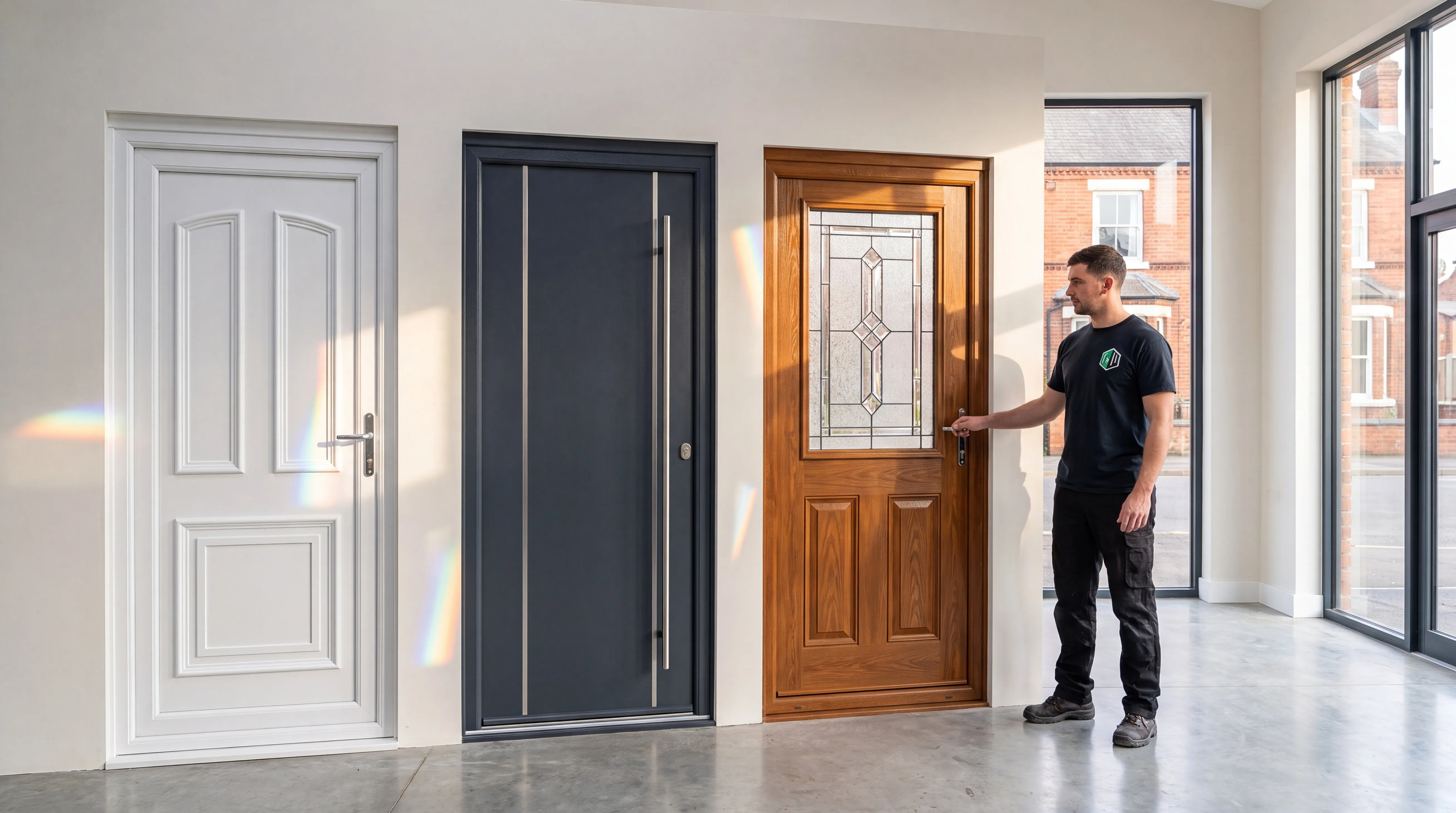 Five uPVC frame samples side by side: white, anthracite grey, black, light oak and mahogany woodgrain.